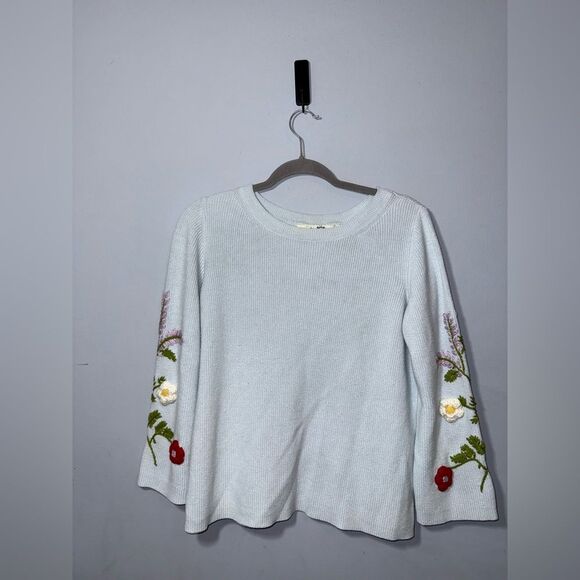 Rosie Neira Anthropologie blue floral Embroidered Sleeve knit sweater Size Small - Picture 2 of 9